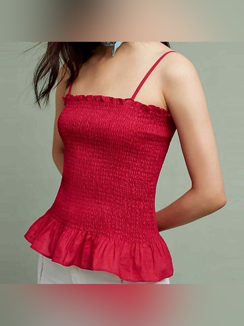 NWT Anthropologie Red  Small Smocked Tank Top ruched linen blend